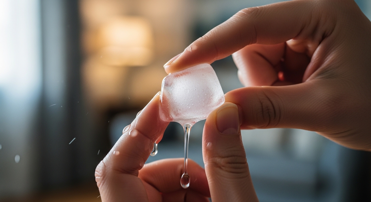 Cận cảnh bàn tay nhẹ nhàng xoa viên đá đang tan chảy lên kẽ ngón tay, một mẹo sức khoẻ đơn giản giúp thư giãn tại nhà.