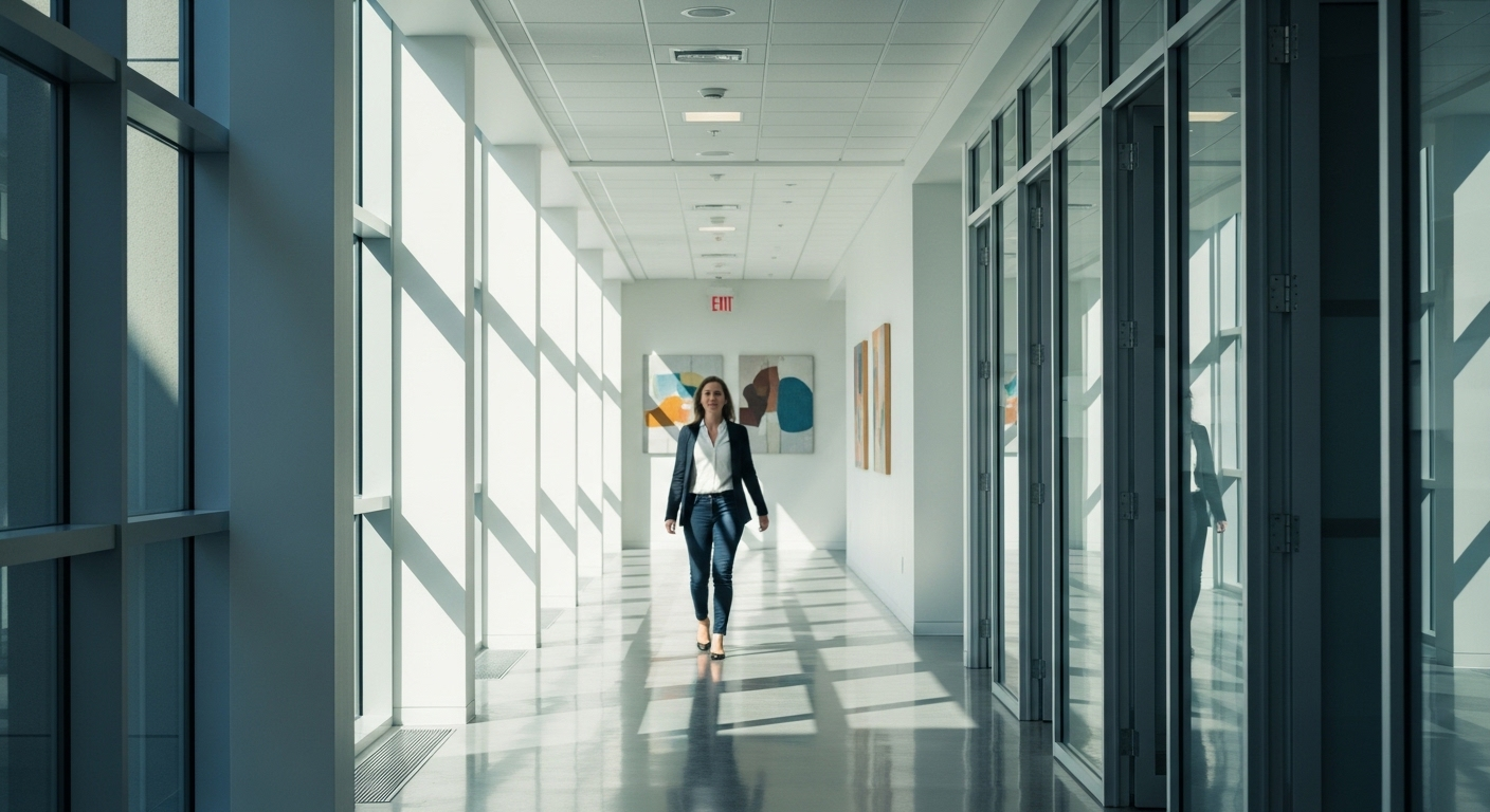 Hình ảnh người đi bộ thư thái trong hành lang văn phòng hiện đại, sáng sủa sau bữa ăn – một mẹo tăng cường sức khỏe hiệu quả.