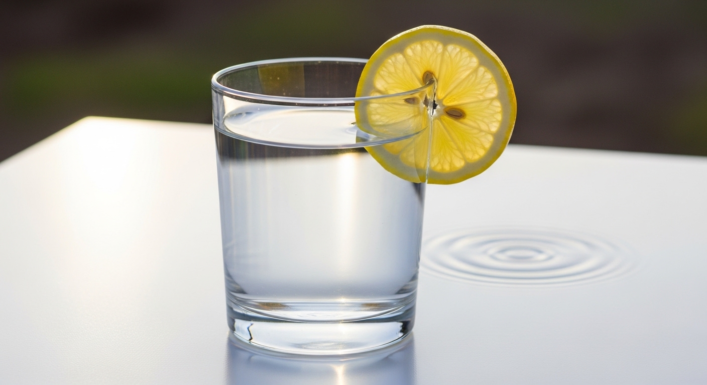 Cốc nước tinh khiết với lát chanh tươi trên nền trắng, gợi cảm giác thanh sạch và sảng khoái, yếu tố quan trọng cho sức khỏe tổng thể và vệ sinh kinh nguyệt.