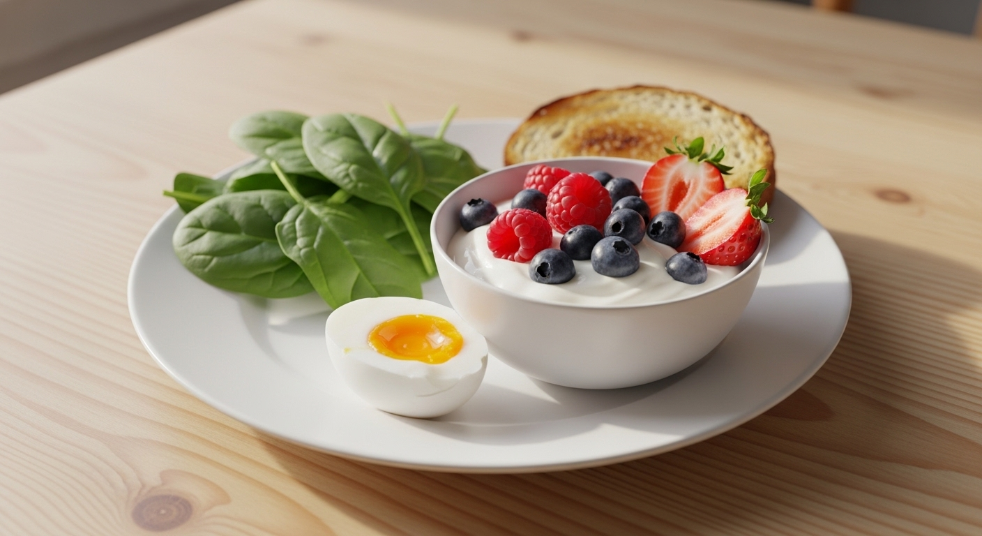 Bữa sáng lành mạnh với trứng luộc, sữa chua trái cây, bánh mì ngũ cốc và rau chân vịt trên bàn gỗ sáng màu, thực đơn sống khỏe lý tưởng.