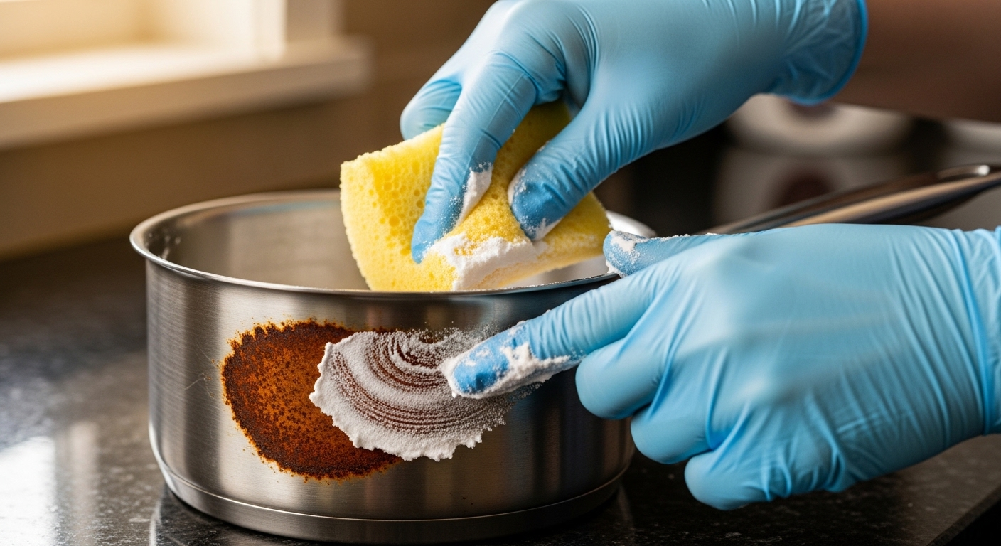 Đôi tay đeo găng nhẹ nhàng thoa hỗn hợp baking soda đặc lên vết rỉ sét trên chiếc nồi inox, chuẩn bị tẩy rỉ sét trên inox hiệu quả.