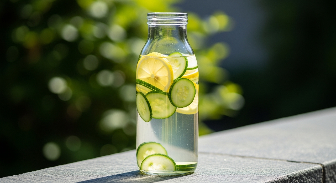 Chai nước thủy tinh trong suốt chứa nước, lát dưa chuột và chanh tươi mát, minh họa cho thói quen của người khỏe mạnh. Đặt trên nền đá nhẵn, với tán lá xanh mờ dưới ánh nắng tự nhiên.