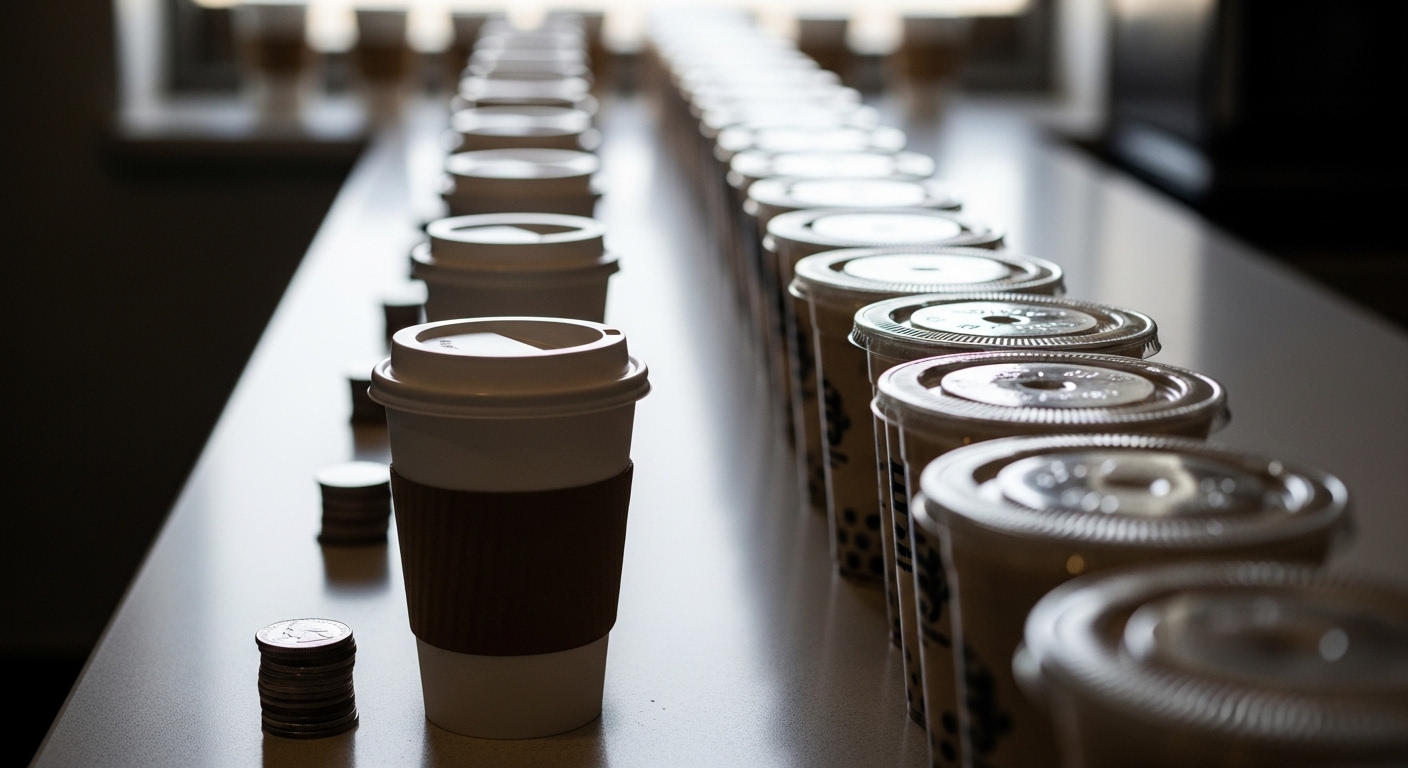Hàng dài ly cà phê và trà sữa dùng một lần cùng chồng tiền xu bên cạnh, minh họa cách tiết kiệm tiền từ những chi phí nhỏ hàng ngày.
