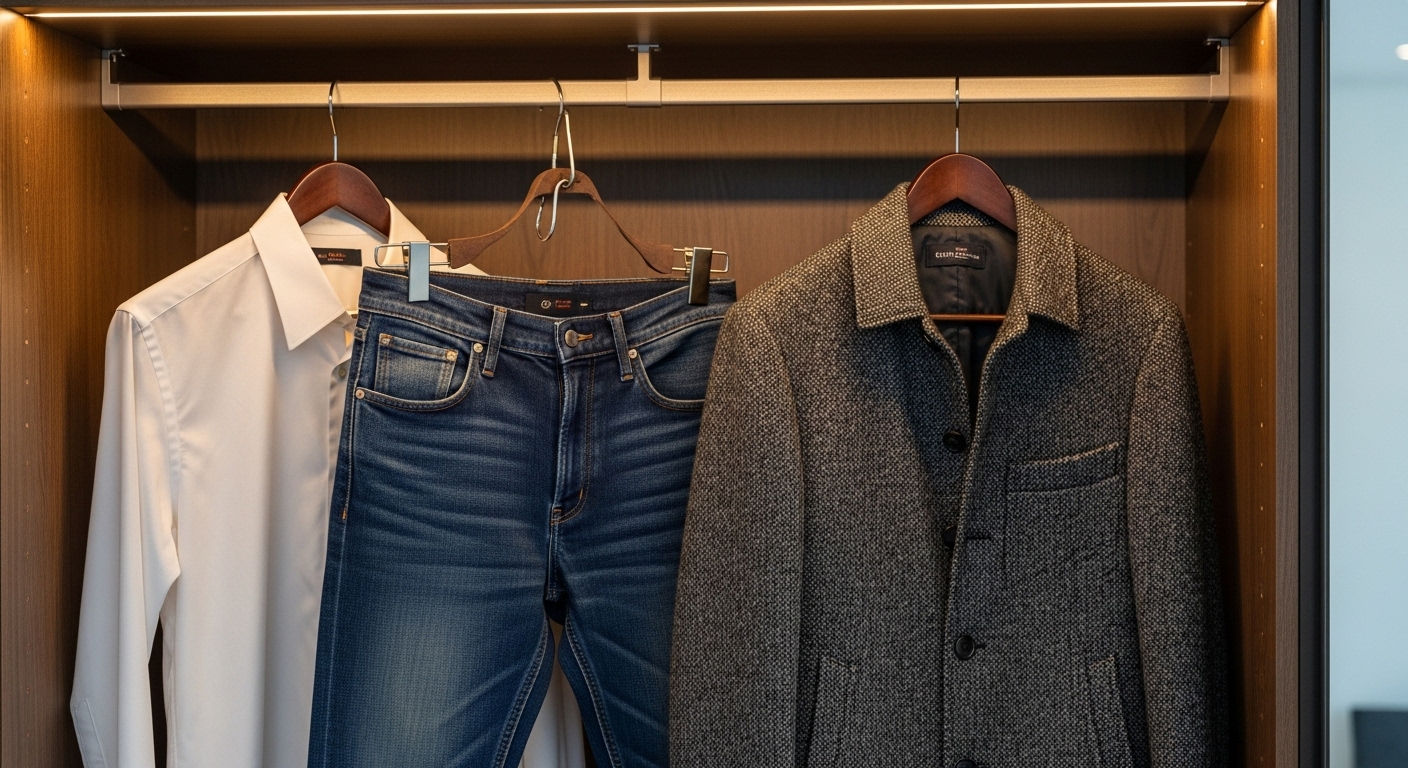 Tủ quần áo gọn gàng, trưng bày các món đồ chất lượng cao, cổ điển như áo sơ mi trắng, quần jean và áo khoác. Đây là một mẹo tiết kiệm tiền thông minh khi xây dựng tủ đồ bền vững.