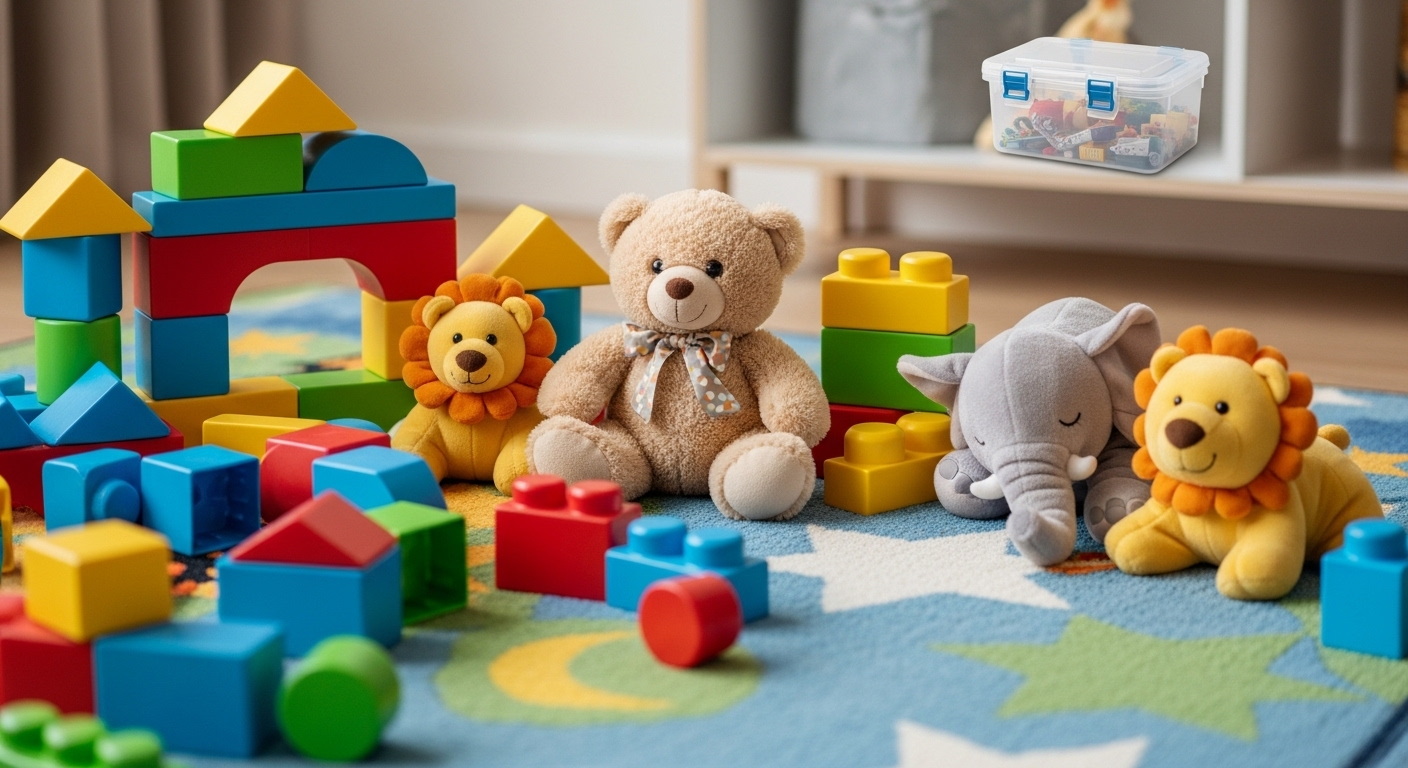 Khu vui chơi trẻ em gọn gàng, an toàn với đồ chơi xếp hình, thú nhồi bông. Các vật nhỏ nguy hiểm, như nam châm, được cất kỹ trên cao trong hộp kín, phòng tránh nguy cơ trẻ nuốt nam châm.