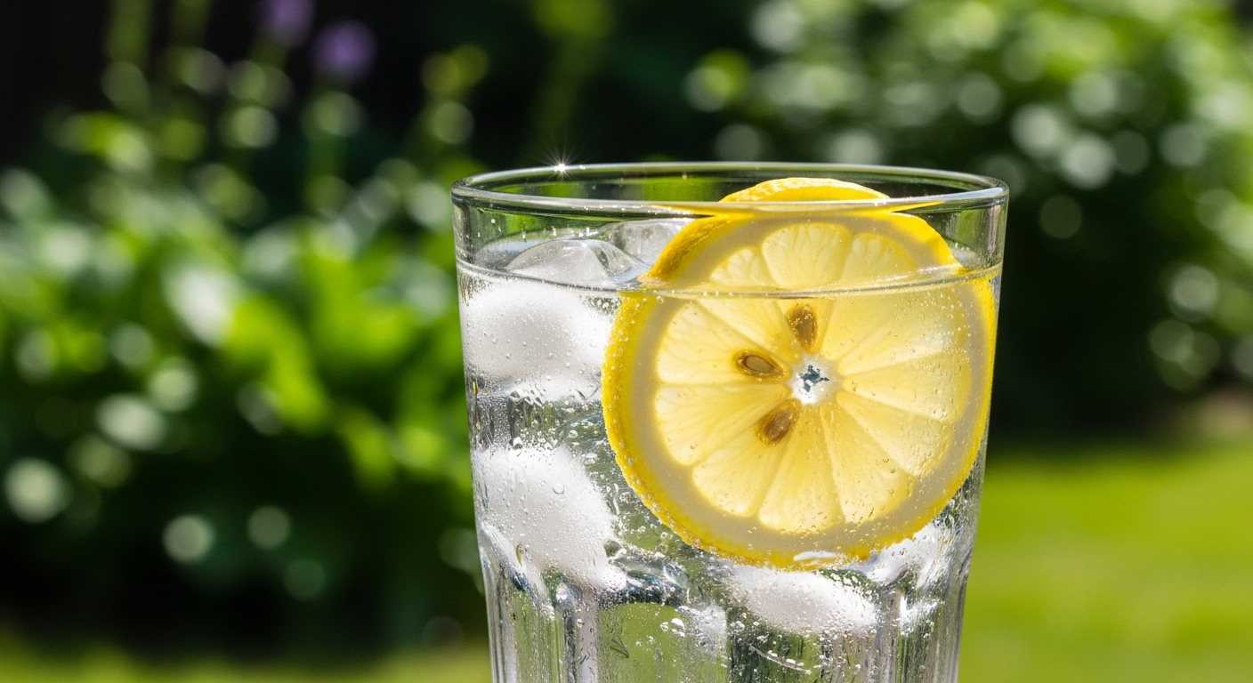 Ly nước chanh đá trong veo dưới nắng rực rỡ giữa vườn xanh mát. Hình ảnh tượng trưng cho sự thanh lọc và lối sống lành mạnh, quan trọng cho việc duy trì lá gan khỏe mạnh và phòng ngừa viêm gan do rượu. Ly nước chanh đá trong veo dưới nắng rực rỡ giữa vườn xanh mát. Hình ảnh tượng trưng cho sự thanh lọc và lối sống lành mạnh, quan trọng cho việc duy trì lá gan khỏe mạnh và phòng ngừa viêm gan do rượu.