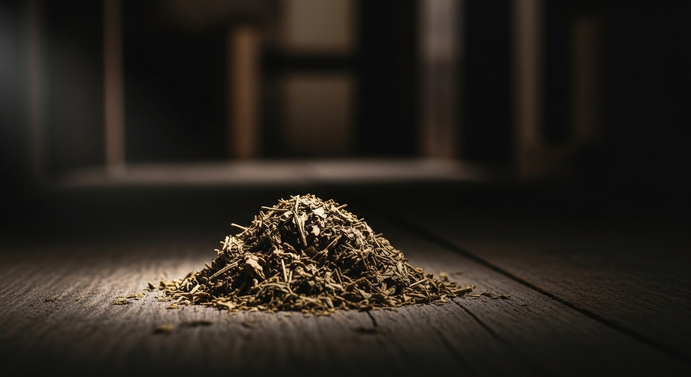 Hỗn hợp thảo dược màu nâu đóng gói sơ sài trên bề mặt gỗ thô, gợi nhắc về những tác hại thuốc xương khớp gia truyền không rõ nguồn gốc.