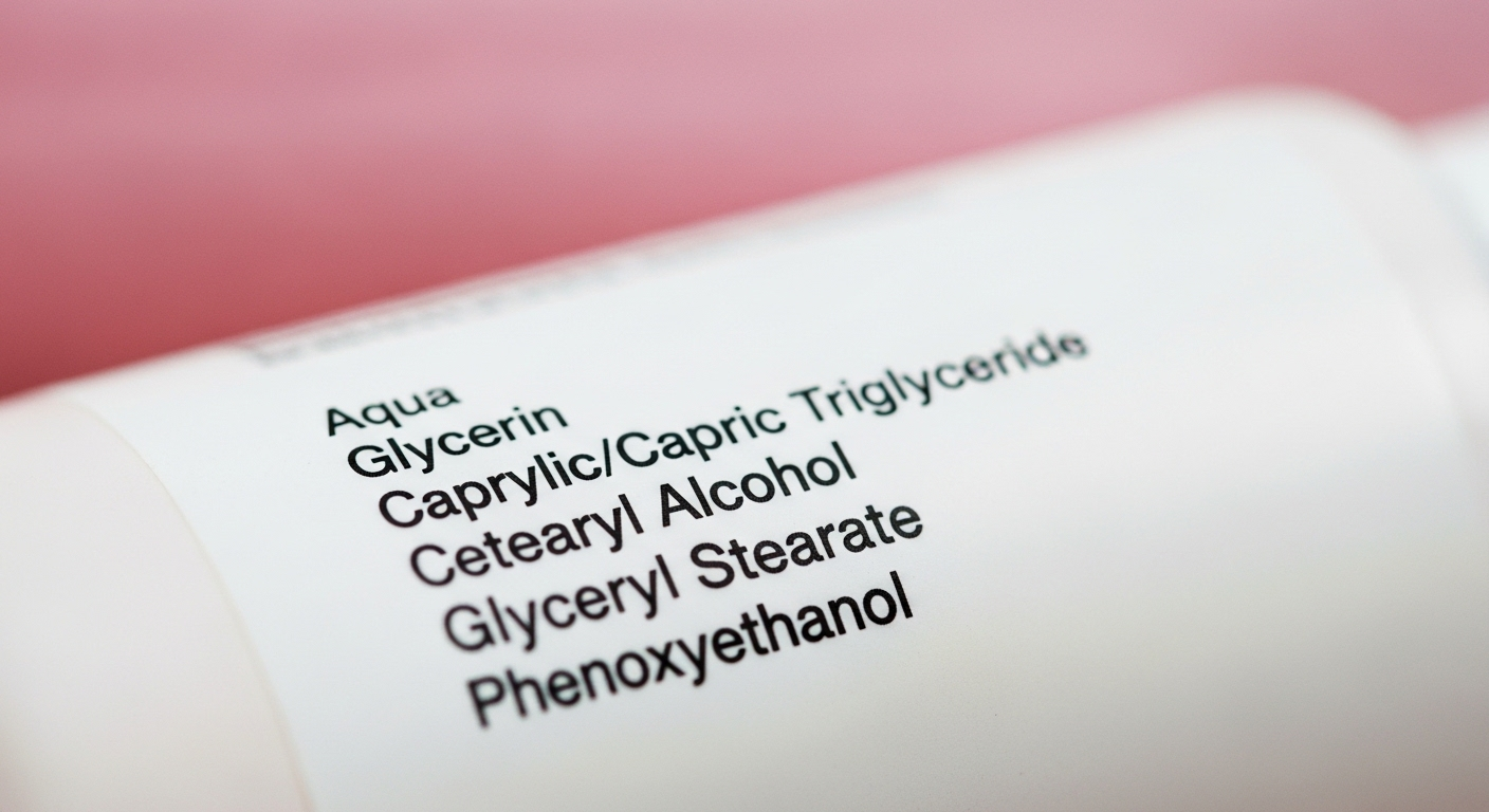 Cận cảnh danh sách thành phần rõ nét trên nhãn chai mỹ phẩm, thông tin quan trọng khi xem xét hoặc công bố thu hồi nước rửa tay.