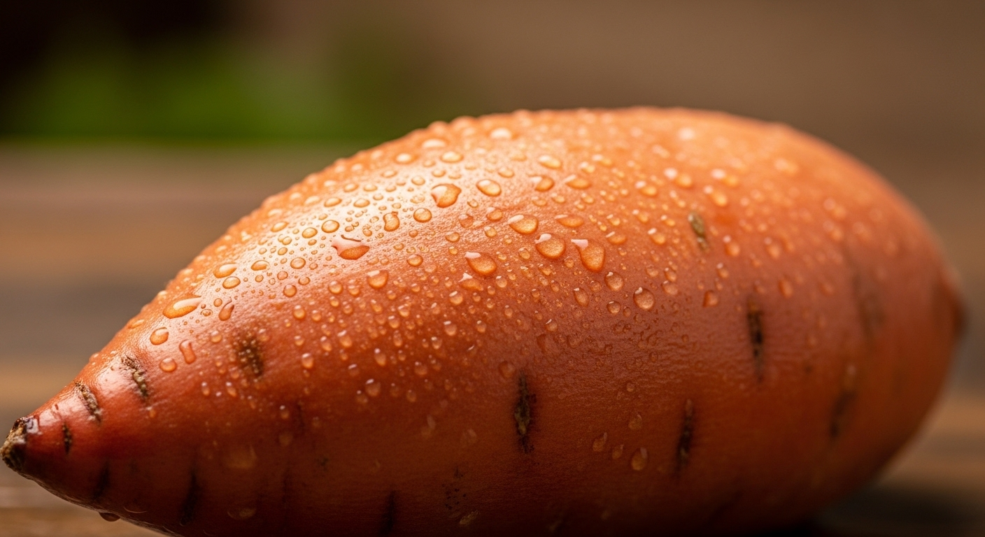 Cận cảnh khoai lang cam tươi mới rửa, vỏ sần lấm tấm giọt nước li ti, là thực phẩm giàu vitamin A.