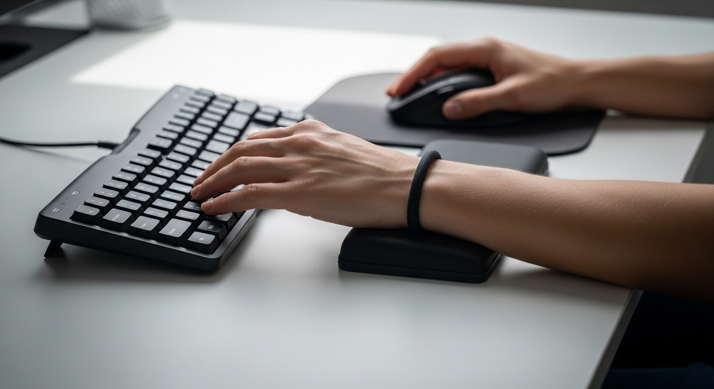 Tư thế tay và cổ tay thẳng, chuẩn công thái học trên đệm kê tại bàn làm việc, sử dụng bàn phím và chuột công thái học, giúp phòng ngừa hội chứng ống cổ tay.