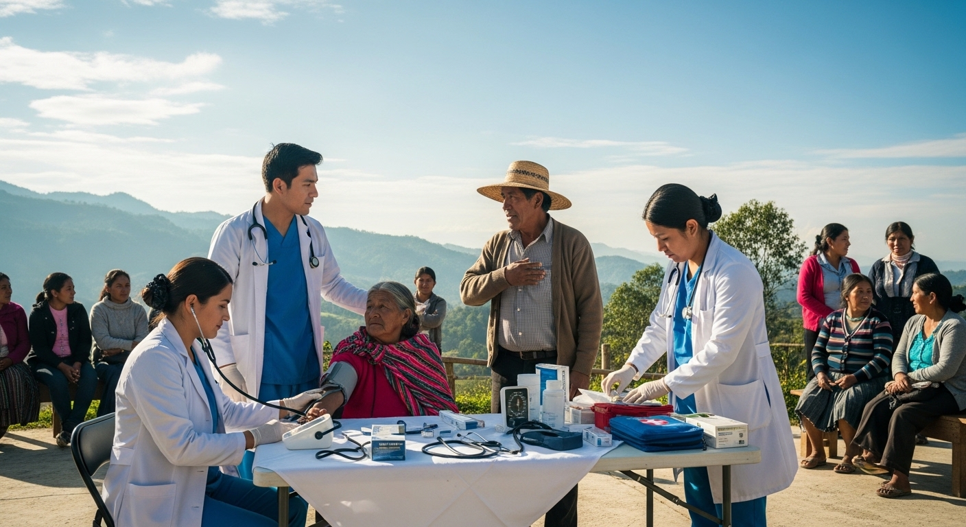 Đội y tế lưu động thực hiện khám sức khỏe định kỳ miễn phí cho người dân vùng nông thôn, với khung cảnh đồi xanh và bầu trời trong lành. Đội y tế lưu động thực hiện khám sức khỏe định kỳ miễn phí cho người dân vùng nông thôn, với khung cảnh đồi xanh và bầu trời trong lành.
