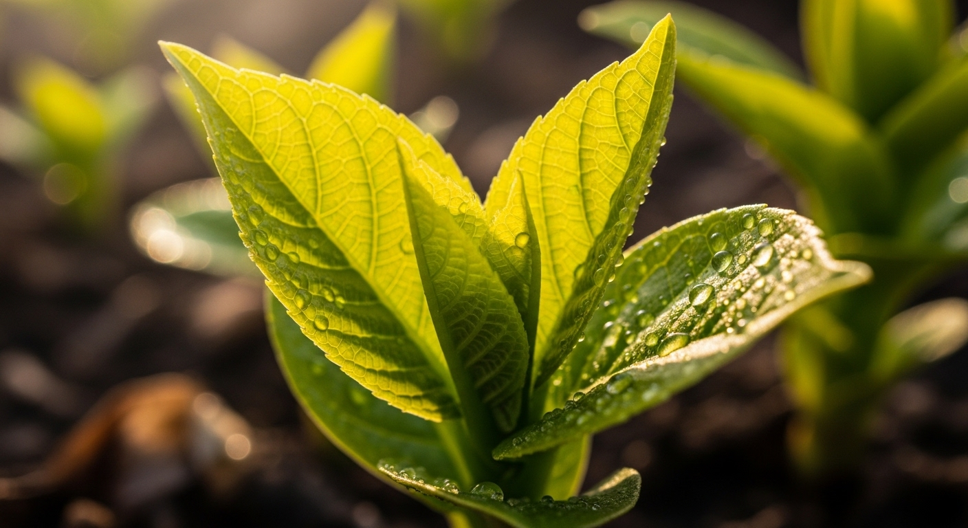 Cận cảnh lá non xanh mướt hé mở dưới nắng dịu, giọt nước lấp lánh, gợi lên sự sống mới và hồi phục, tương tự như niềm hy vọng từ ca ghép thận thành công.