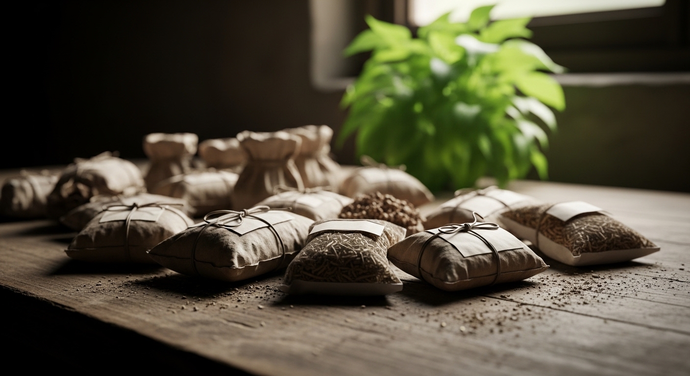 Những gói thuốc gia truyền giả đóng gói sơ sài trên bàn bụi bặm, đối lập mạnh mẽ với cây xanh tươi tốt mờ ảo phía sau, tạo nên sự tương phản giữa giả dối và tự nhiên.