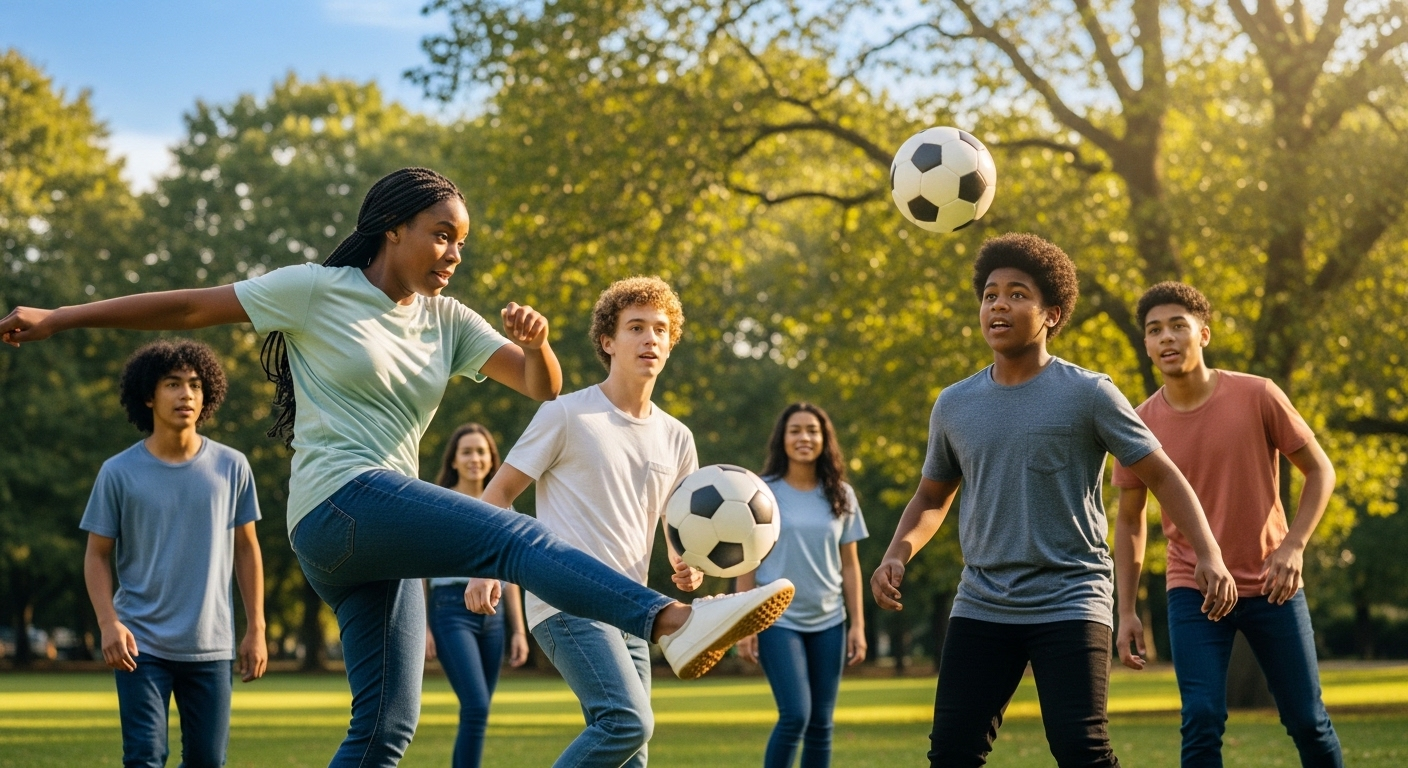 Nhóm thanh thiếu niên đa dạng chơi bóng đá năng động trong công viên dưới nắng, tham gia một 'thử thách ngất xỉu' về thể lực để rèn luyện sức khỏe và tinh thần đồng đội.