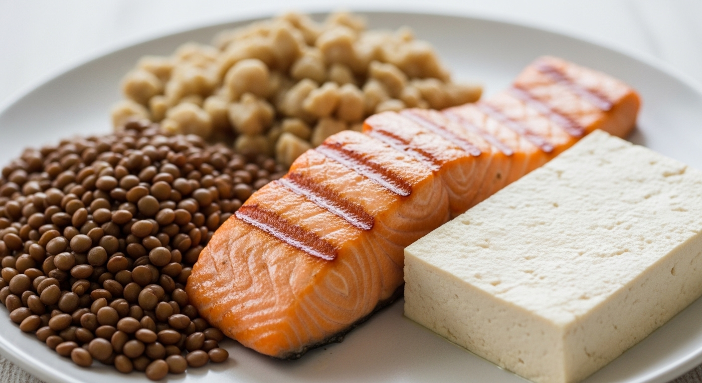 cá hồi nướng, đậu lăng, đậu phụ. Lựa chọn tốt cho sức khỏe, cân nhắc lượng dùng để tránh ăn nhiều protein hại thận.