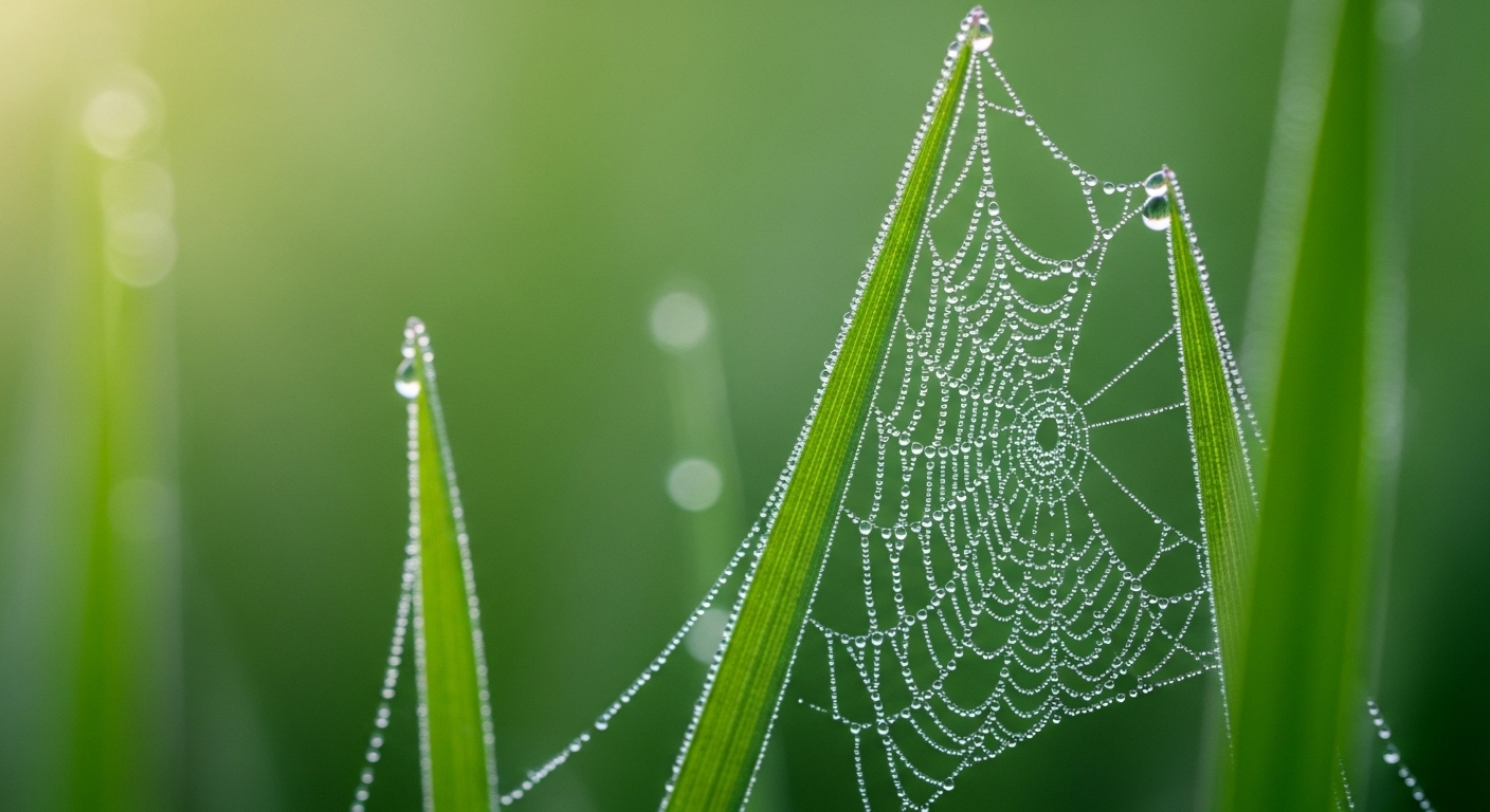 Mạng nhện tinh xảo, mong manh đọng giọt sương long lanh giữa lá cỏ. Một hình ảnh về vẻ đẹp tự nhiên đầy tính dễ tổn thương, gợi suy tư về quá trình lão hóa và những thách thức liên quan đến Hội chứng lão hóa sớm.