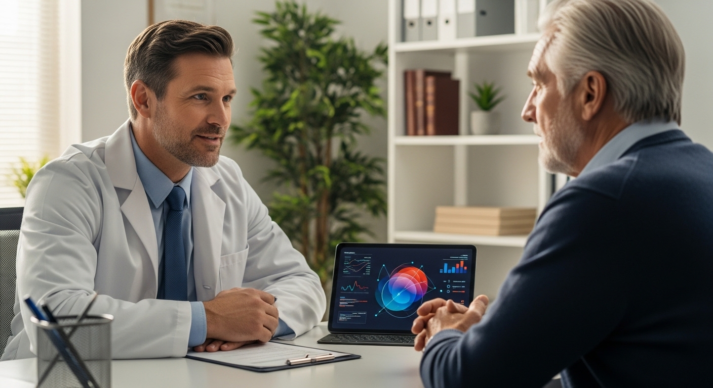 Bác sĩ nam tư vấn bệnh nhân nam về tiêm HPV cho nam giới trong phòng khám hiện đại, trên bàn có máy tính bảng y tế.