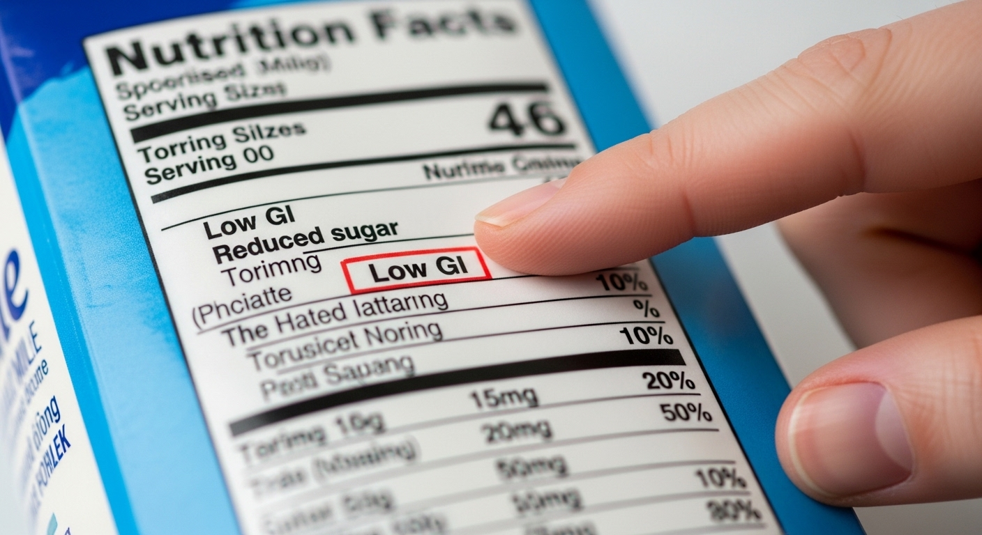 Cận cảnh nhãn dinh dưỡng sữa chuyên biệt hiển thị 'GI thấp', 'ít đường'. Tay chỉ thông tin quan trọng giúp bạn chọn sữa bột dành cho người tiểu đường loại nào tốt.