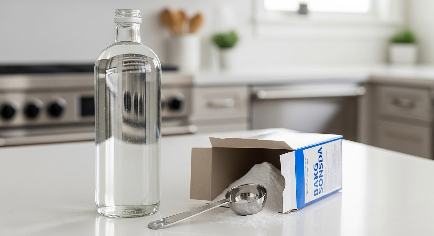 Chai giấm trắng và hộp baking soda mở trên bàn bếp sạch, bộ đôi nguyên liệu tự nhiên tuyệt vời cho cách làm sạch bồn cầu bị ố vàng hiệu quả. Chai giấm trắng và hộp baking soda mở trên bàn bếp sạch, bộ đôi nguyên liệu tự nhiên tuyệt vời cho cách làm sạch bồn cầu bị ố vàng hiệu quả.