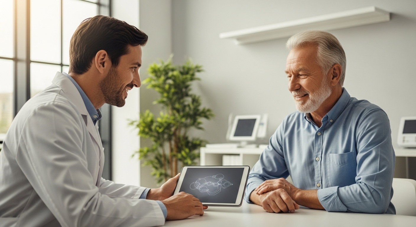 Bác sĩ ân cần giải thích về phương pháp cắt u tuyến tiền liệt bằng laser cho bệnh nhân lớn tuổi trên máy tính bảng tại phòng khám chuyên nghiệp.