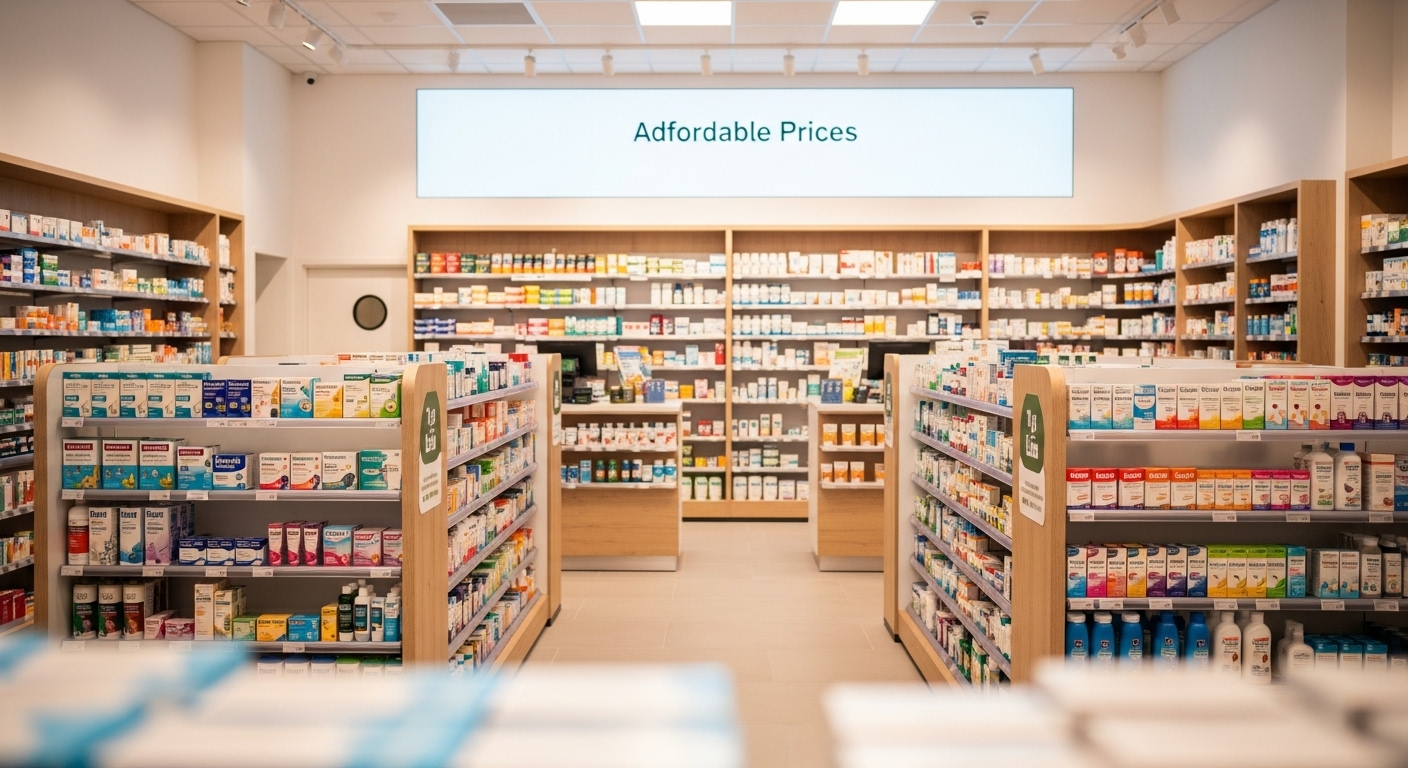 Bên trong nhà thuốc hiện đại, sáng đèn với kệ thuốc ngăn nắp và màn hình điện tử hiển thị 'Giá Cả Phải Chăng', khẳng định cam kết Long Châu không tăng giá thuốc.