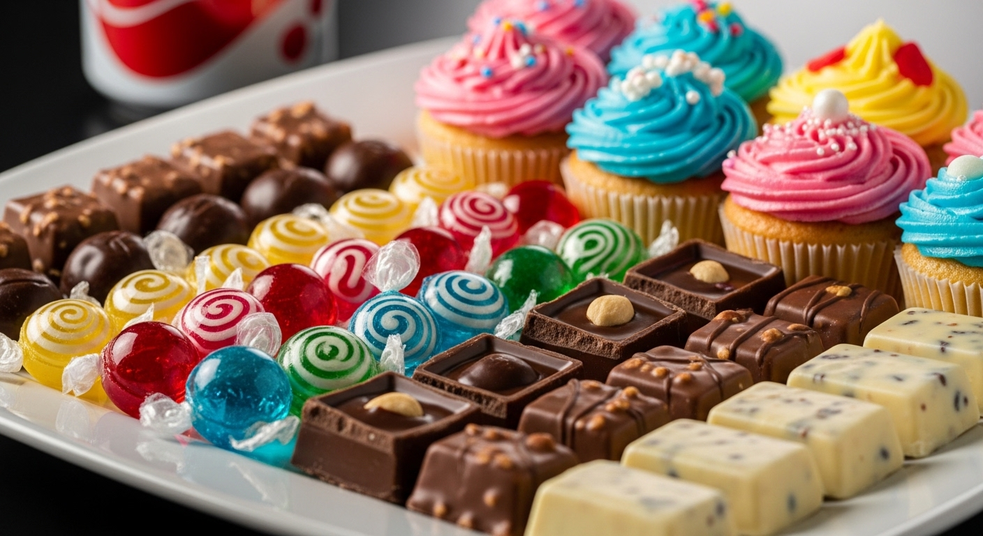 Một đĩa đầy ắp kẹo cứng, bánh cupcake phủ kem và thanh sô cô la đầy màu sắc – những thực phẩm người tiểu đường nên kiêng.