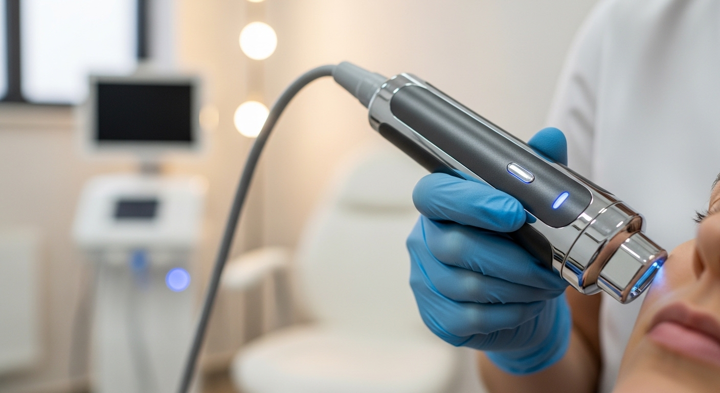 Chuyên gia đang nhẹ nhàng đặt thiết bị nâng cơ không xâm lấn hiện đại lên vùng má, tại phòng khám sạch sẽ và sáng.