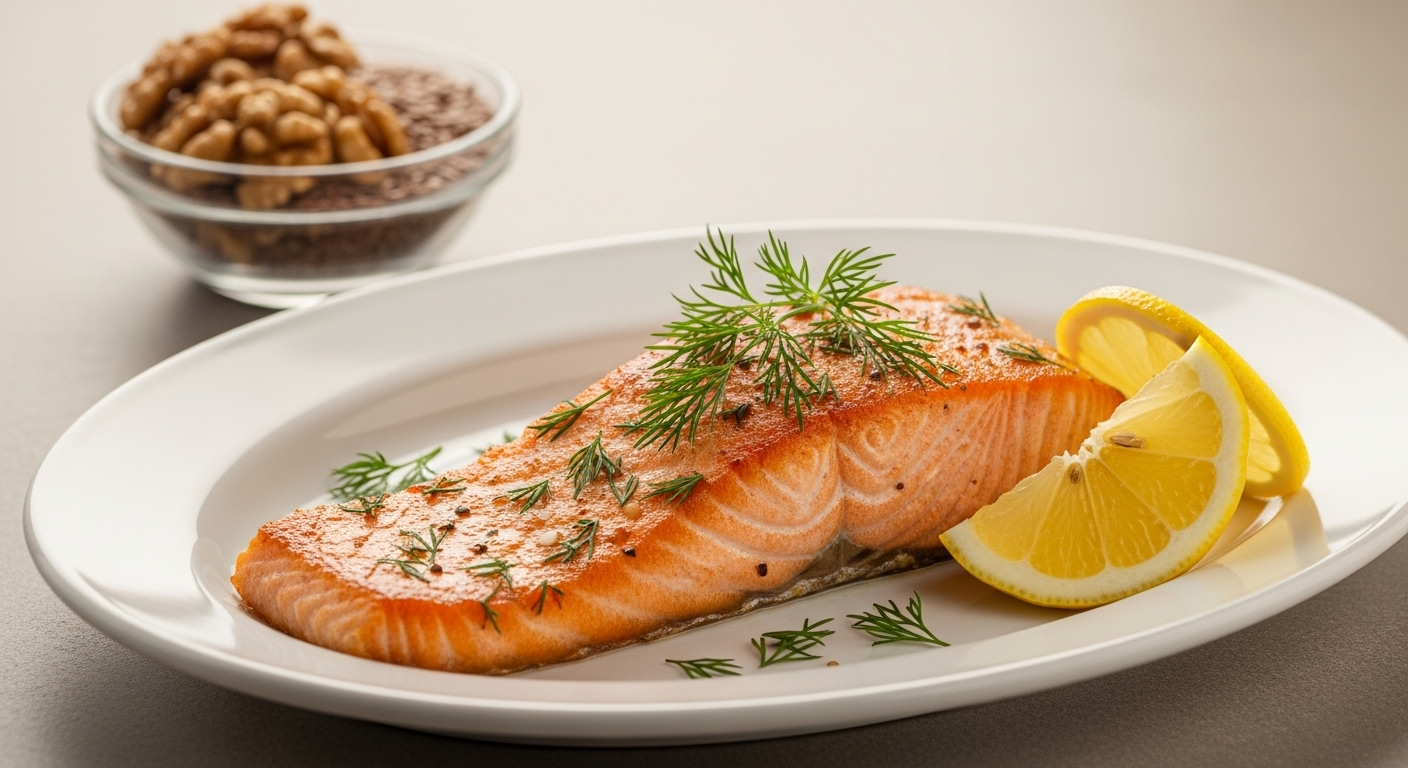 Cá hồi áp chảo vàng ươm trên đĩa trắng, điểm xuyết thì là và lát chanh tươi, cùng quả óc chó và hạt lanh ở hậu cảnh. Đây là những thực phẩm giảm mụn ẩn giàu omega-3 và dưỡng chất thiết yếu cho làn da khỏe mạnh.