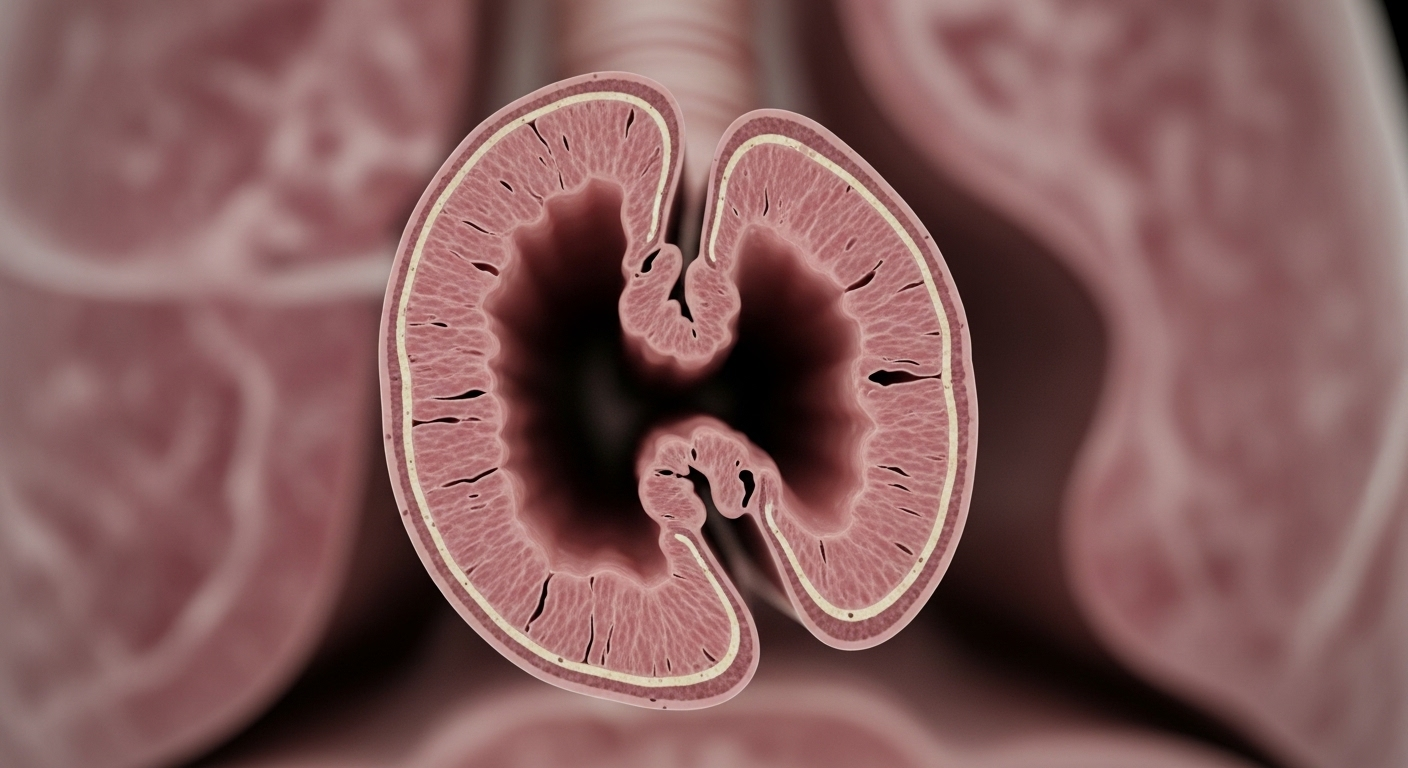 Hình ảnh cắt ngang phế quản cho thấy lòng bị thu hẹp đáng kể, thành trong dày và không đều, minh họa rõ nét tình trạng hẹp phế quản do di chứng lao phổi. Hình ảnh cắt ngang phế quản cho thấy lòng bị thu hẹp đáng kể, thành trong dày và không đều, minh họa rõ nét tình trạng hẹp phế quản do di chứng lao phổi.