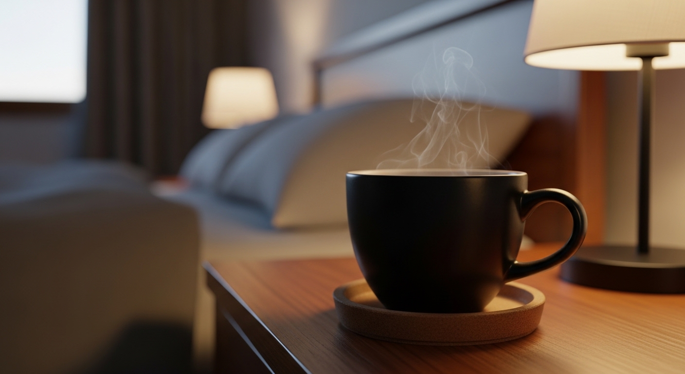 Tách trà tối màu nghi ngút khói nhẹ trên bàn đầu giường trong phòng ngủ với ánh sáng ấm áp. Khung cảnh thư giãn giúp bạn tìm cách ngủ ngon sau khi uống cà phê.
