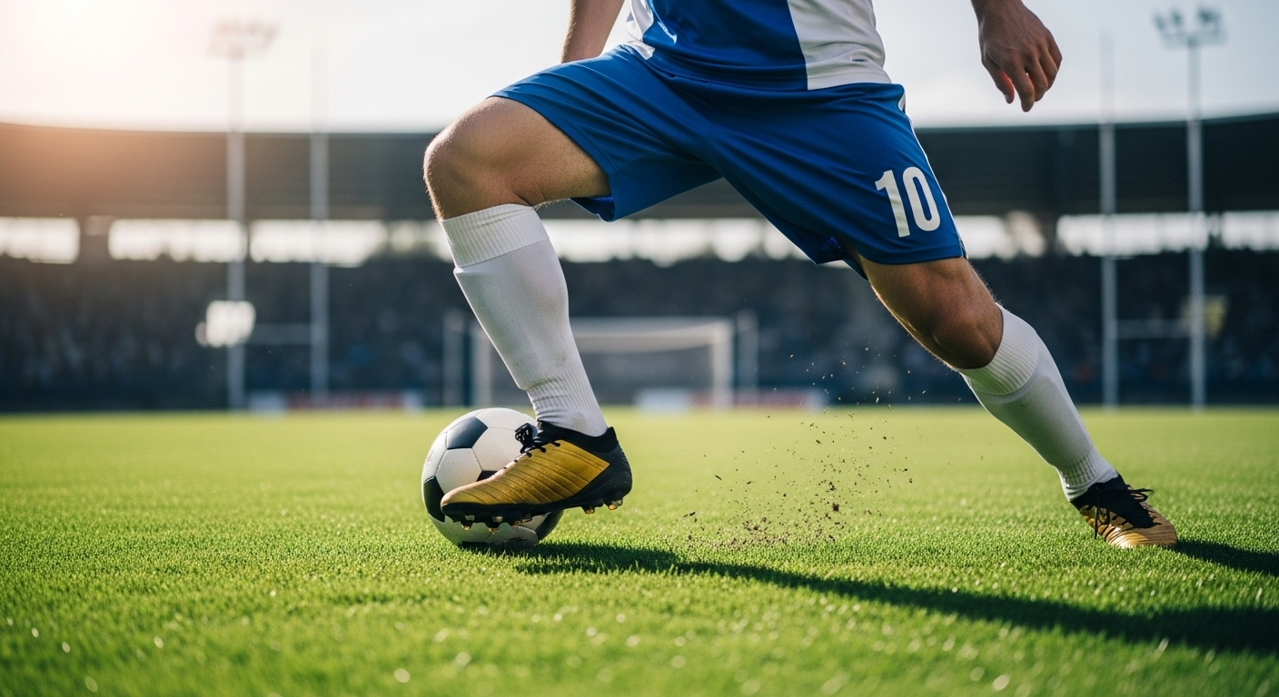 Cầu thủ bóng đá nam xoay người gấp trên sân cỏ xanh, đầu gối khuỵu nhẹ, minh họa động tác có thể dẫn đến rách sụn chêm.