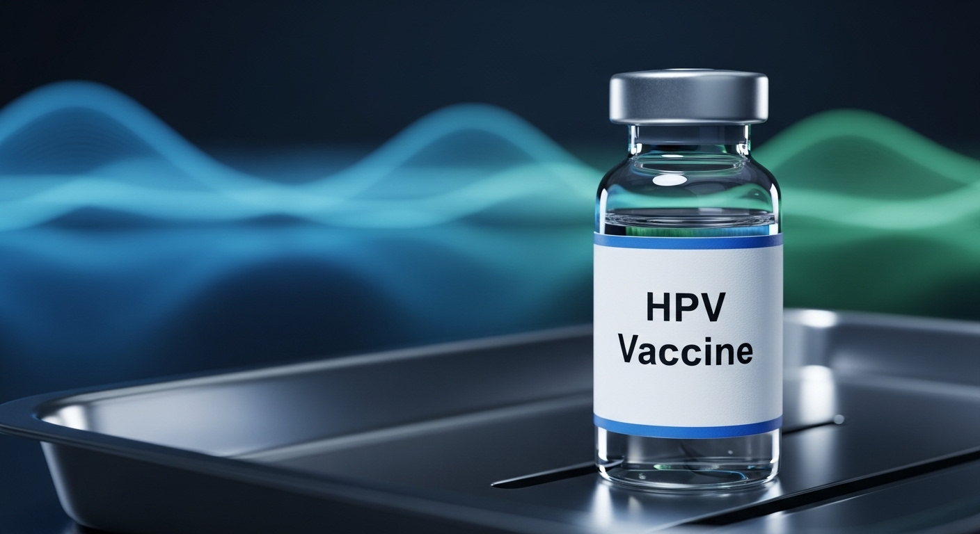 Cận cảnh lọ vaccine HPV rõ nét trên khay y tế tiệt trùng, một hình ảnh quan trọng khi tìm hiểu về tiêm vaccine HPV có khiến trẻ bị lùn không và lợi ích bảo vệ sức khỏe của vaccine.