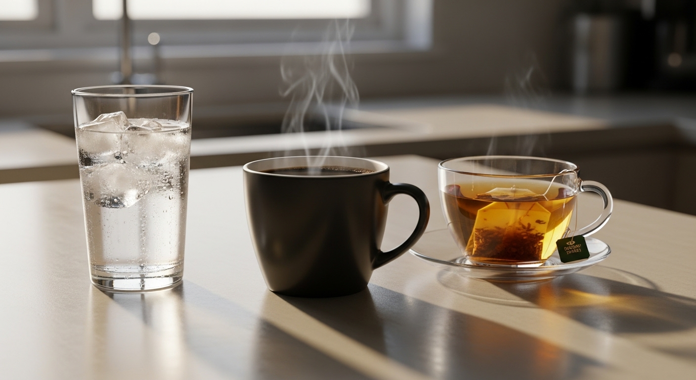 Trên quầy bếp tối giản là ly nước đá, cà phê nóng và trà thảo mộc trong ánh sáng buổi sớm, những thức uống lý tưởng hỗ trợ chế độ ăn OMAD.