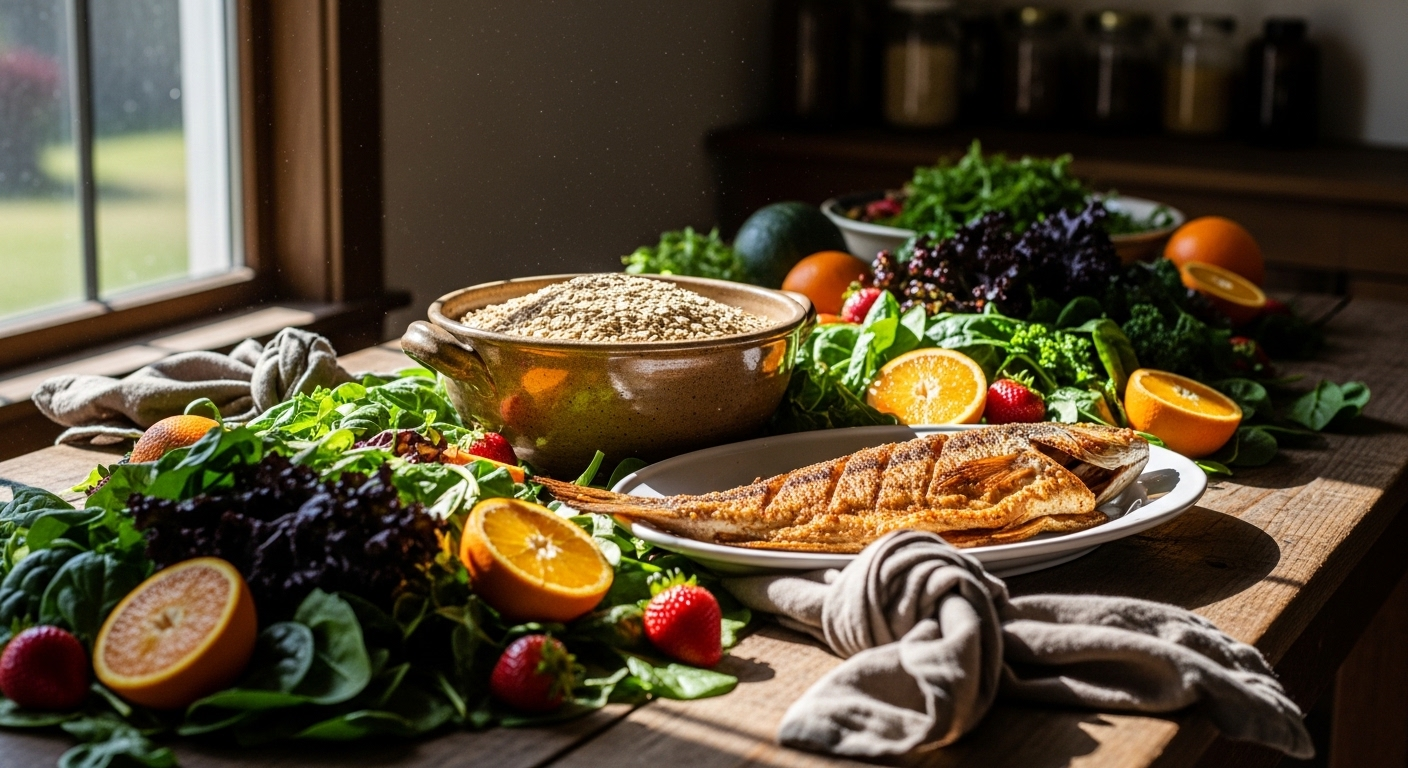 rau xanh đậm (cải bó xôi, cải xoăn), cam, dâu tây, yến mạch nguyên hạt và cá áp chảo, cung cấp dưỡng chất quan trọng cho cách bảo vệ mắt cho người tiểu đường.