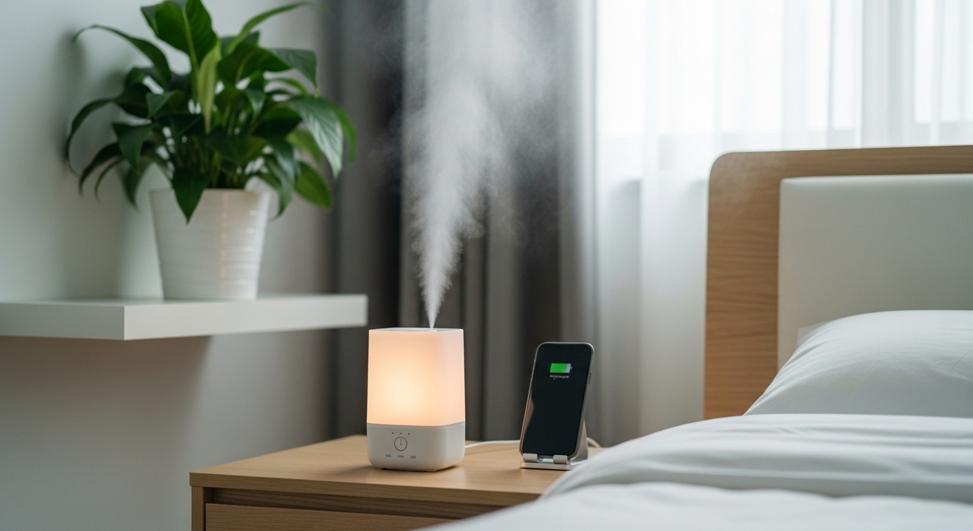 Máy tạo độ ẩm hiện đại, nhỏ gọn phun sương nhẹ nhàng trên bàn cạnh giường trong phòng ngủ tối giản. Thiết bị giúp duy trì độ ẩm không khí, rất hữu ích để phòng ngừa khô mũi và chảy máu cam.