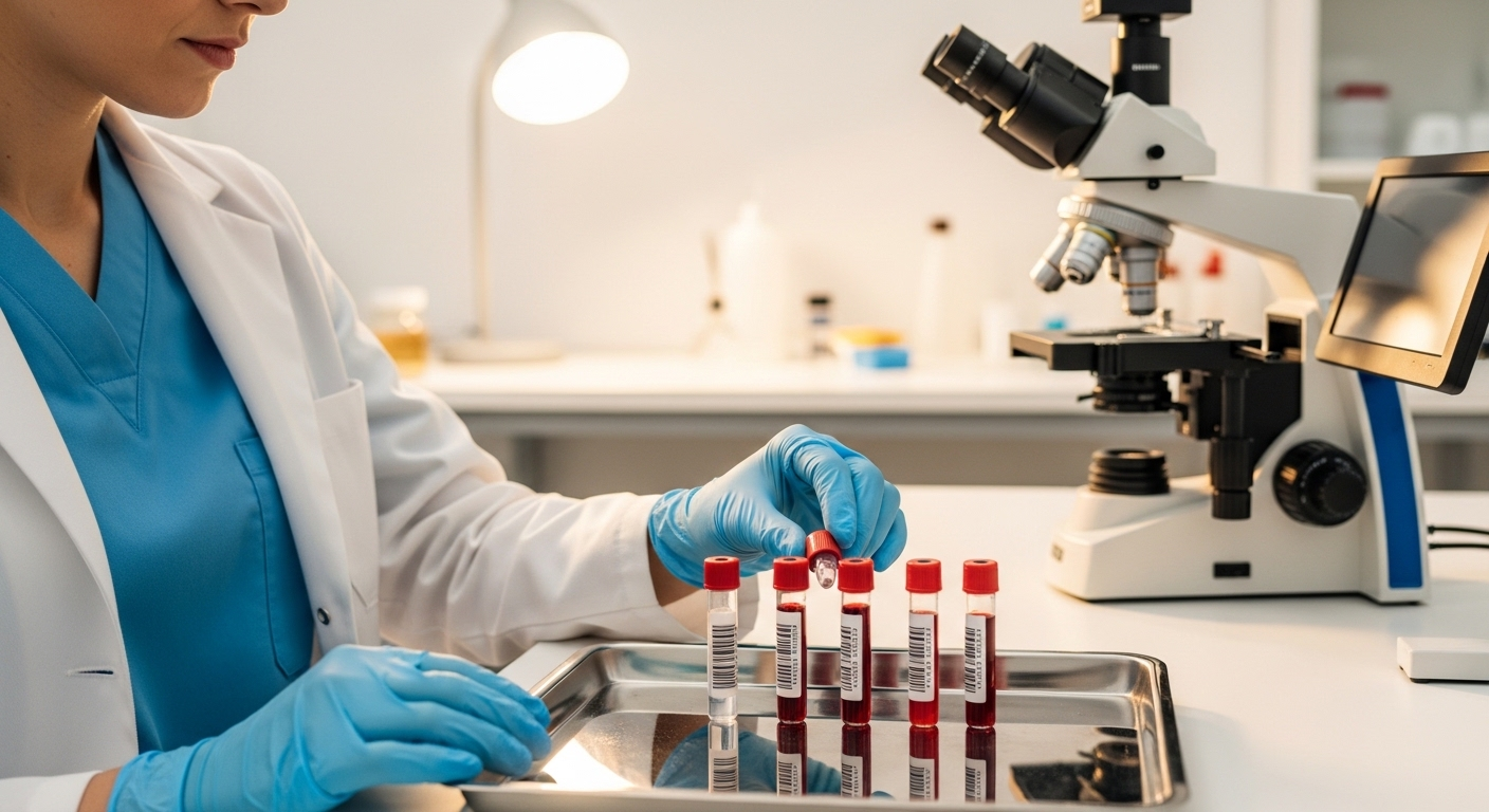 Kỹ thuật viên y tế xử lý mẫu máu trong phòng thí nghiệm để phân tích, hỗ trợ nghiên cứu phục hồi thận sau Covid-19, với kính hiển vi hiện đại phía sau.