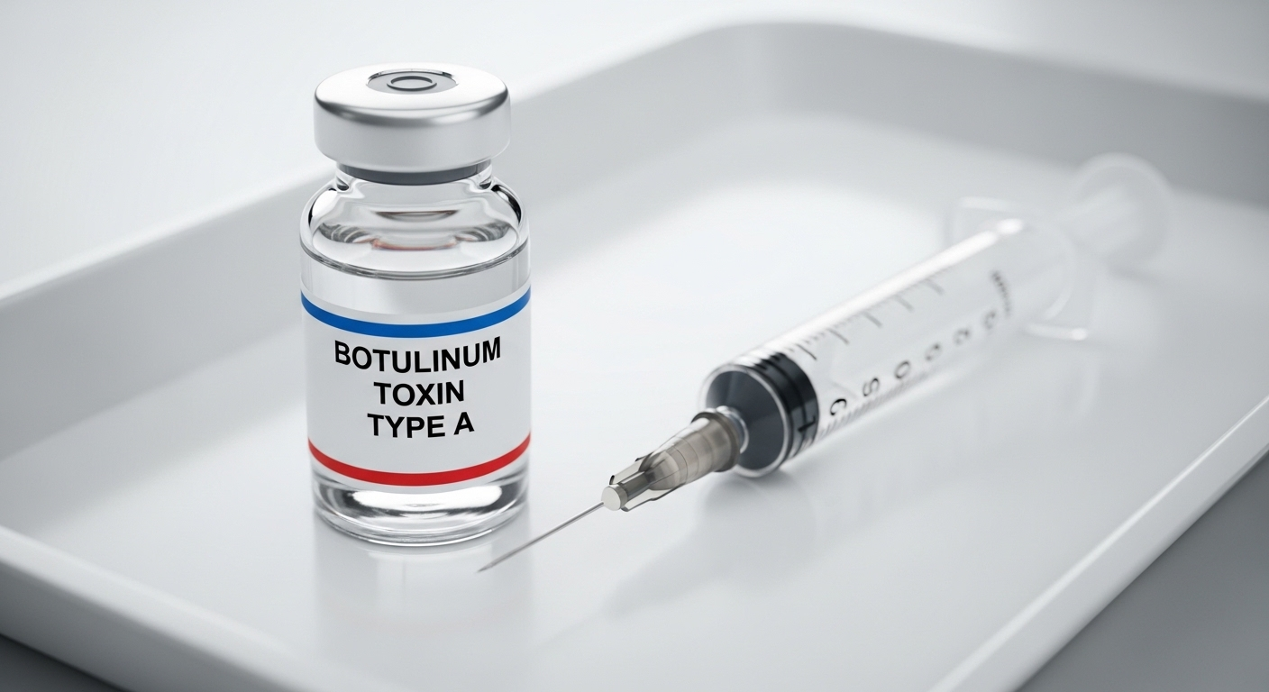 Lọ Botulinum Toxin Type A và dụng cụ tiêm trên khay y tế vô trùng, sẵn sàng cho liệu trình tiêm botox giảm đau đầu mạn tính.
