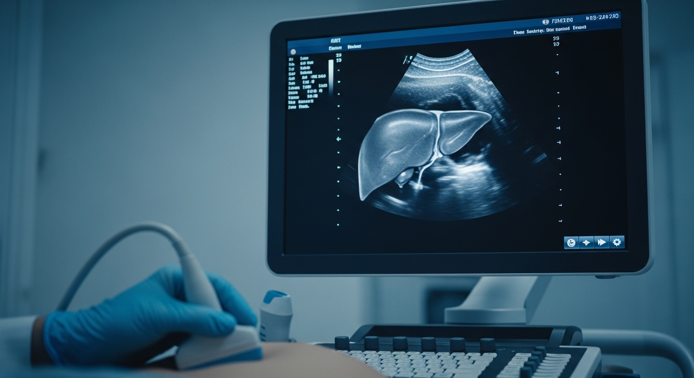 Màn hình máy siêu âm hiển thị rõ hình ảnh gan, bàn tay bác sĩ đeo găng đang cầm đầu dò. Siêu âm gan giúp tầm soát và phát hiện sớm các vấn đề về gan, đặc biệt là nguy cơ viêm gan B gây ung thư gan.