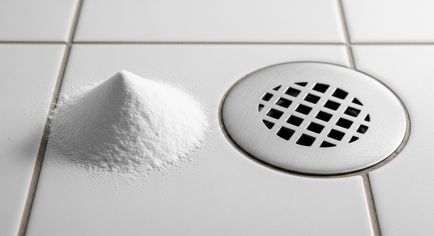 Bột baking soda trắng trên gạch men nhà vệ sinh sáng màu, đặt gần nắp cống kim loại, là cách xử lý mùi hôi nhà vệ sinh tự nhiên và hiệu quả.