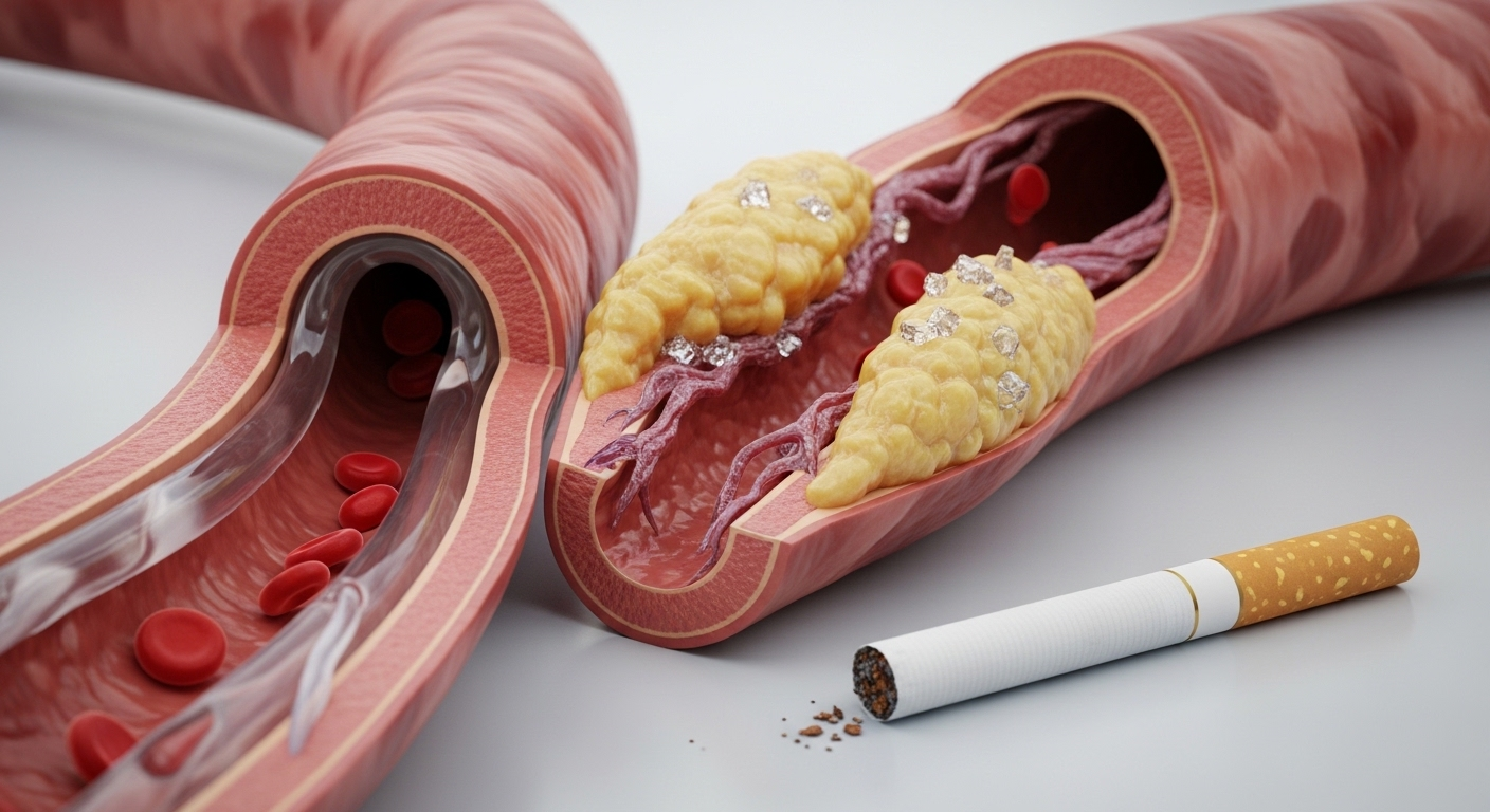 Cắt ngang chi tiết hai động mạch, một khỏe mạnh và một bị hẹp do mảng xơ vữa, với điếu thuốc lá bên cạnh. Minh họa rõ nét nguy cơ dẫn đến nhồi máu cơ tim và các bệnh tim mạch.