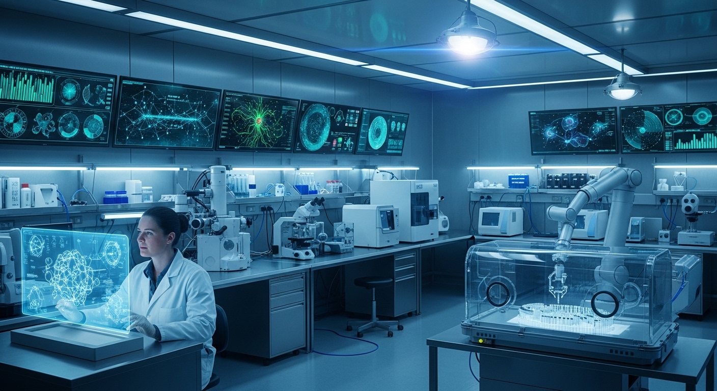 Phòng thí nghiệm hiện đại với thiết bị khoa học và màn hình dữ liệu phức tạp, nơi diễn ra những khám phá quan trọng trong nghiên cứu và chẩn đoán u não.