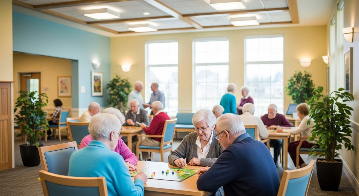 Nhóm người cao tuổi chơi trò chơi bàn cờ tại một điểm chăm sóc người già ban ngày hiện đại, sáng sủa và ấm cúng, với các cụ khác đang giao lưu, trò chuyện vui vẻ. Nhóm người cao tuổi chơi trò chơi bàn cờ tại một điểm chăm sóc người già ban ngày hiện đại, sáng sủa và ấm cúng, với các cụ khác đang giao lưu, trò chuyện vui vẻ.