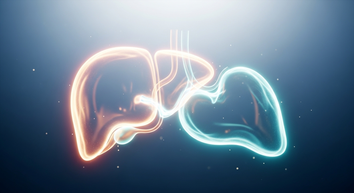 Hình ảnh trừu tượng phát sáng hai nội tạng khỏe mạnh liên kết, minh họa khái niệm ghép tạng domino trên nền khoa học.