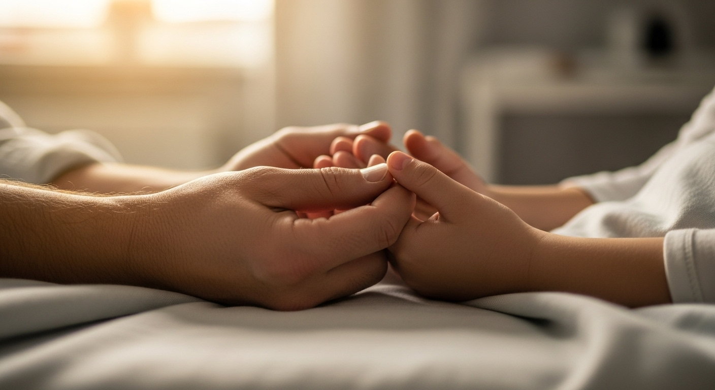 Hai bàn tay người lớn và trẻ nhỏ đan vào nhau trên chăn sáng, biểu tượng của sự hỗ trợ ấm áp cho bệnh nhân chạy thận.