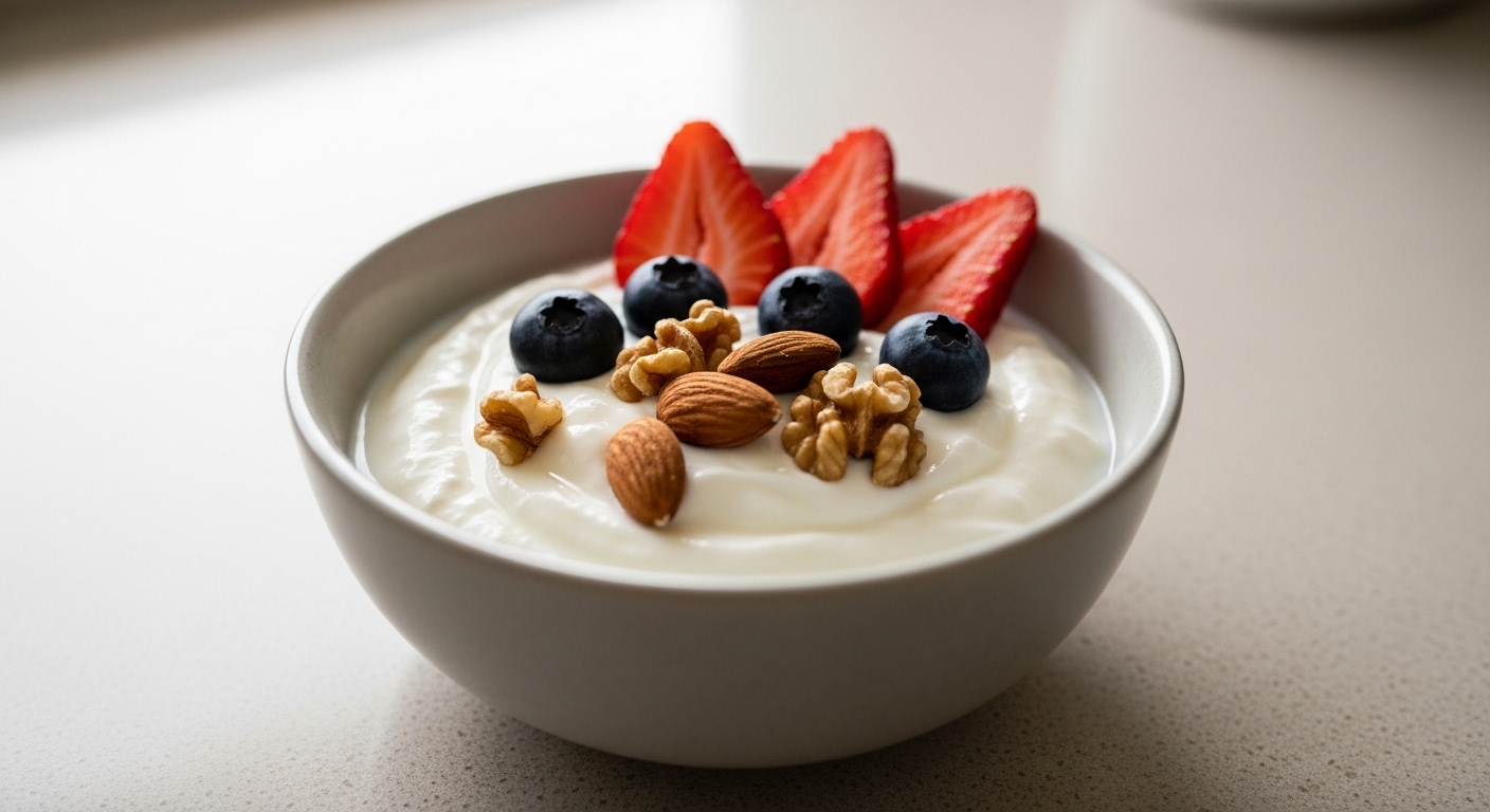 Bát sữa chua Hy Lạp với quả mọng và hạt băm, một lựa chọn lành mạnh giúp bạn tránh 7 thói quen cần tránh sau 19h để bảo vệ trái tim.