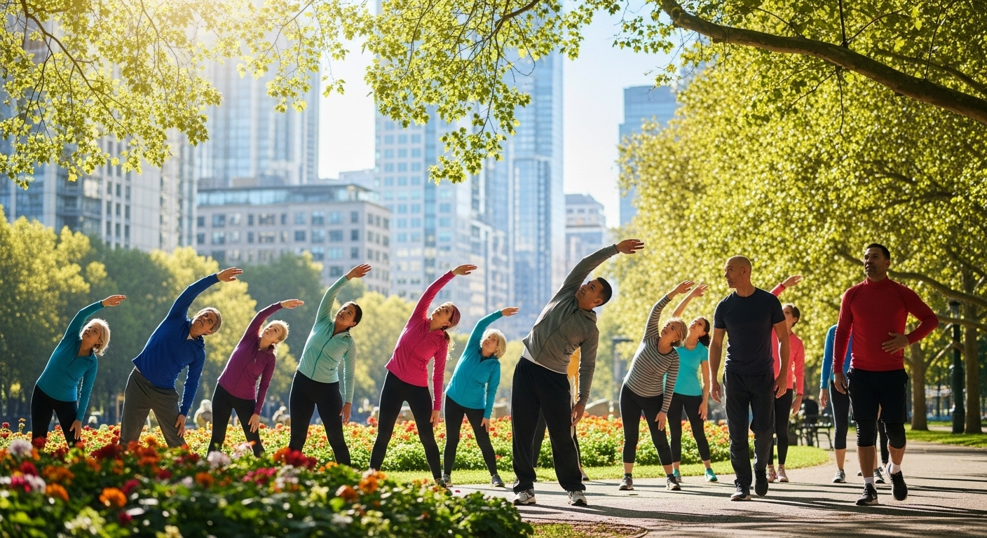Nhóm người lớn đa dạng tham gia thử thách giảm cân ngoài trời, đang tập giãn cơ và đi bộ trong công viên thành phố xanh mát.