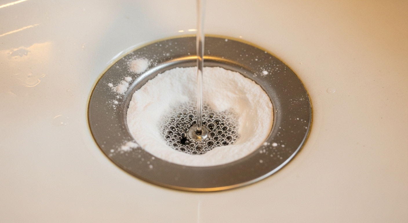 Giấm được đổ lên bột baking soda trong lỗ thoát nước bồn rửa bếp màu trắng, tạo ra phản ứng sủi bọt, minh họa cách thông cống nghẹt hiệu quả. Giấm được đổ lên bột baking soda trong lỗ thoát nước bồn rửa bếp màu trắng, tạo ra phản ứng sủi bọt, minh họa cách thông cống nghẹt hiệu quả.