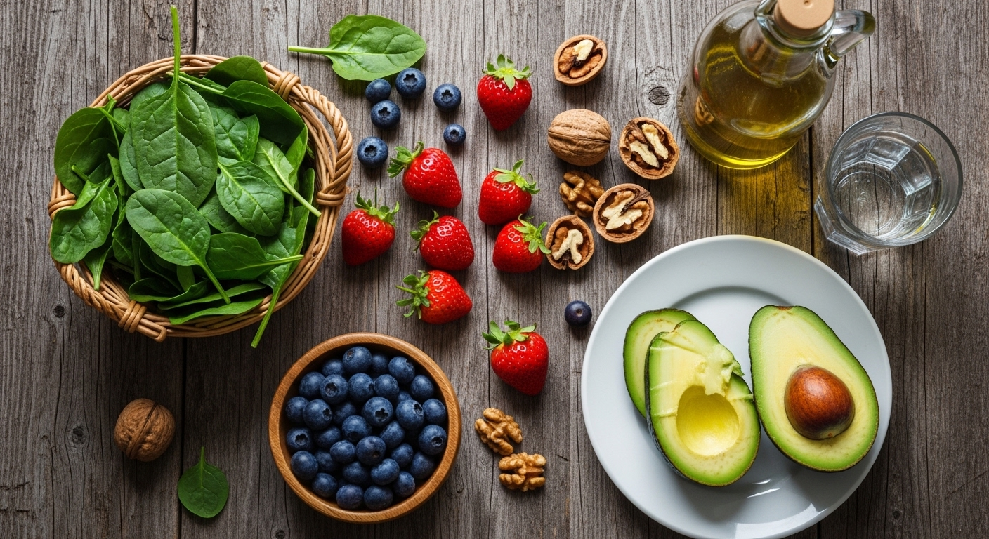 Bàn gỗ mộc đầy ắp việt quất, dâu tây, óc chó, rau chân vịt, bơ, dầu ô liu và ly nước. Những thực phẩm giàu dưỡng chất này là thói quen giúp minh mẫn khi về già.