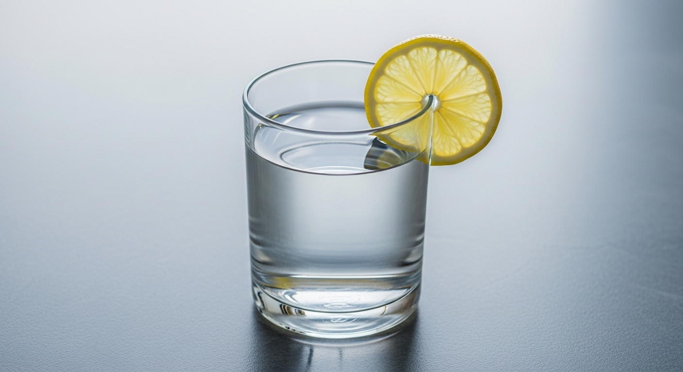 Ly nước lọc tinh khiết với lát chanh mỏng trên nền đá xám, thức uống hỗ trợ thanh lọc cơ thể trong thực đơn giảm cân Lưu Diệc Phi.
