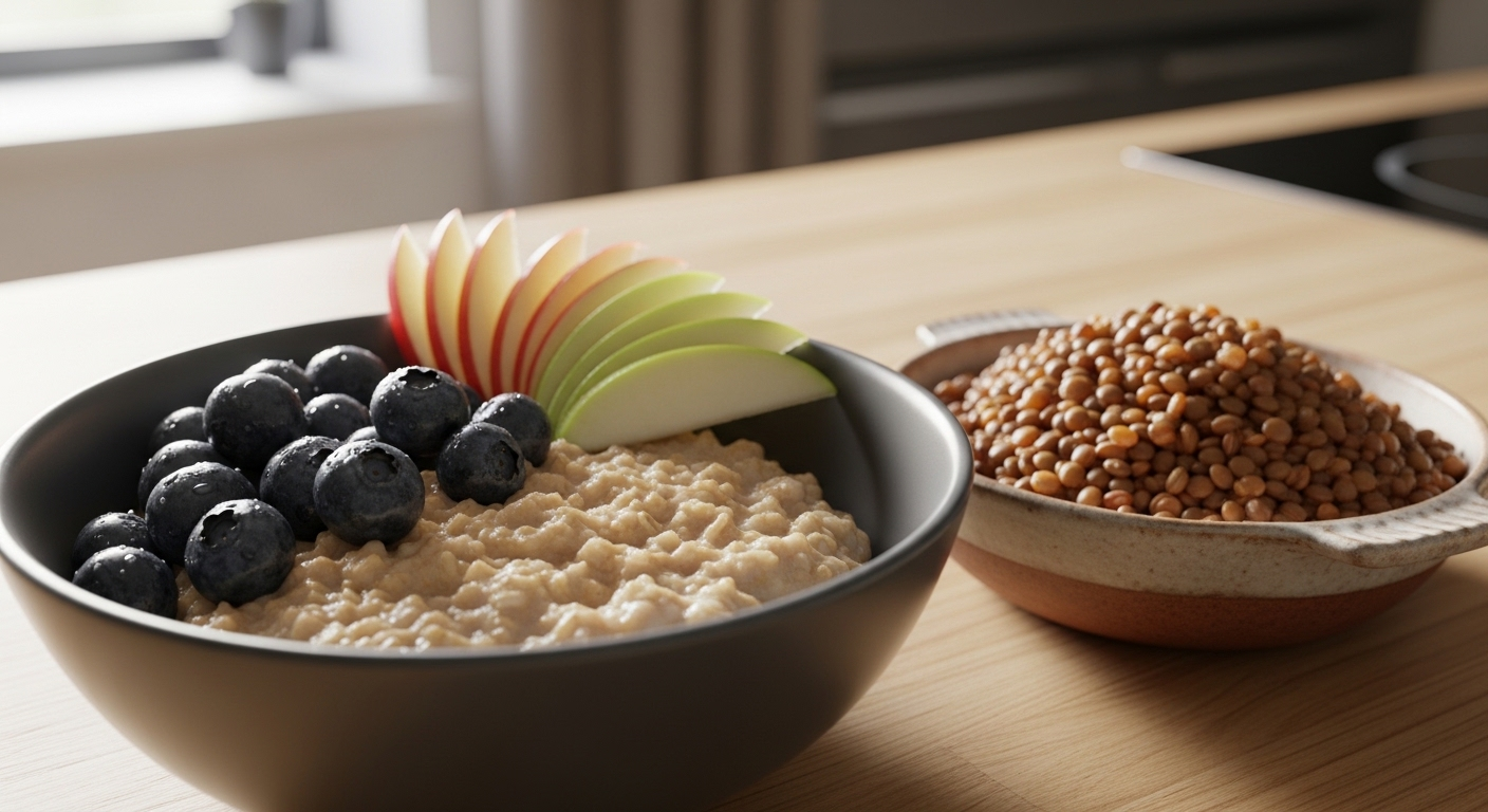 Bát cháo yến mạch với việt quất, táo tươi và đậu lăng trên bàn bếp sáng, gợi ý cách ăn để giảm mỡ máu hiệu quả.